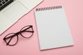 Flatlay with laptop, jotter and glasses with copyspace Royalty Free Stock Photo