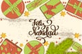 Flatlay mockup with fir, bright gift boxes with bow, beads and stars on rustic background with lettering Feliz Navidad Merry