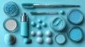 Flatlay of pastel blue makeup products and tools Royalty Free Stock Photo