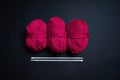 Flatlay of Pink Knitting Yarn, Knitting Needles Near Copy Space. Knitting and Comfort. Balls of Yarn