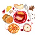 Flatlay red and brown winter composition with hot wine, fruits and spices