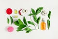 Flatlay of serum, perfume, bath bomb, essential oils with ruscus leaves