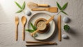 A flatlay showcases a rustic dining setup with eco-friendly kitchenware Royalty Free Stock Photo