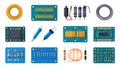 Flatlay showcasing various electronic components wires, circuit Royalty Free Stock Photo