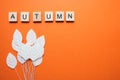 Flatlay from simple little white paper leaves and cube letters Autumn on orange background, autumn concept Royalty Free Stock Photo