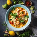 Flatlay Singaporean Laksa Served in a Bowl with Condiments. Generative Ai. Ai