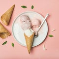 Flatlay of strawberry and coconut ice cream scoops, square crop Royalty Free Stock Photo