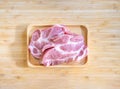 Flatlay Topview Raw Pork is prepared for Cook, It is on wood plate in studio light with Chef hand background. Clipping Paths