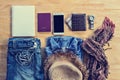 Flatlay Travel accessories and costume on wooden