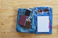 Flatlay Travel accessories and costume on wooden