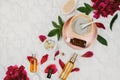 Flatlay of various beauty, bath and SPA products serum, clay, essential oils, body brush, cream etc Royalty Free Stock Photo