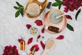 Flatlay of various beauty, bath and SPA products Royalty Free Stock Photo