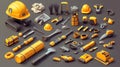 Flatlay of various construction tools and safety equipment, including hard hats, wrenches, drills, and more Royalty Free Stock Photo