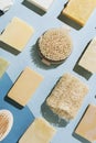 Flatlay of various natural handmade soap, body brushes and loofah sponge Royalty Free Stock Photo
