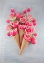 Flatlay waffle sweet ice cream cone with pink tulips blossom flowers over white wood background Royalty Free Stock Photo