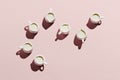 Flatlay of white creamers with oat milk on pastel pink Royalty Free Stock Photo