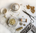 Flatlay - white and gold porcelaine table set on white background Royalty Free Stock Photo