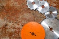 Flatly composition carpentry tools on an old board, circular saws Royalty Free Stock Photo