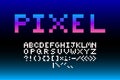 Flat white set alphabet and punctuation marks in pixel art style on a dark blue BG