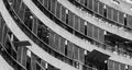 Flats at The Barbican Centre, London, UK, showing post-war Brutalist style architecture. Photographed from street level in monochr Royalty Free Stock Photo