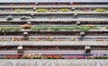 Flats built in post-war Brutalist style architecture at The Barbican in the City of London UK, with colourful flowers on the balco Royalty Free Stock Photo