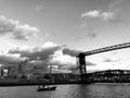 The Flats East Bank and a Boat on the Mighty Cuyahoga River _ CLEVELAND _ OHIO Royalty Free Stock Photo