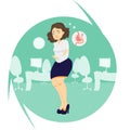 Flatten Vector illustration - Cartoon businesswoman character with abdominal pain, stomach problems at work, hunger