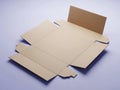 Flattened cardboard box on purple background with open flaps and creases visible Royalty Free Stock Photo