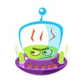 Flattened, flushed green alien, cute cartoon monster. Colorful vector character