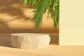 Flattened rock for product presentation with palm leaves Royalty Free Stock Photo