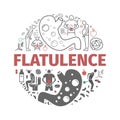 Flatulence banner. Symptoms, Treatment. Line icons. Vector signs for web graphics.