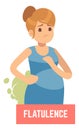 Flatulence symptom. Sad pregnant woman suffer from belly gas