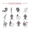Flatulence. Symptoms, Treatment. Icons set. Vector signs