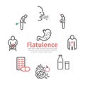 Flatulence banner. Symptoms, Treatment. Line icons. Vector signs for web graphics.