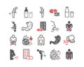 Flatulence. Symptoms, Treatment. Line icons. Vector signs for web graphics.