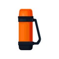 Flatv ector icon of orange thermos with handle. Aluminum container for tea or coffee. Vacuum flask for hot beverages.