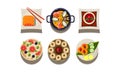 Flatvector set of plates with tasty dishes, top view. Chinese cuisine. Delicious Asian food. Elements for cafe menu