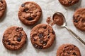 Flatview of chocolate cookies with chocolate chips and tea spoon Royalty Free Stock Photo