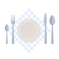 Flatware: empty plate with fork, spoons and knife on a table nap