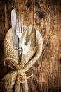 Flatware the old wooden table with a rustic style. Royalty Free Stock Photo