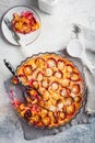 Flaugnarde or Clafoutis - French dessert with plums, large pancake baked in oven Royalty Free Stock Photo