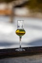 Flavored Grappa Schnapps glass in Cortina d`Ampezzo, Dolomites, Italy