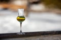 Flavored Grappa Schnapps glass in Cortina d`Ampezzo, Dolomites, Italy