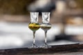 Flavored Grappa Schnapps glasses in Cortina d`Ampezzo, Dolomites, Italy