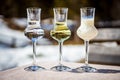 Flavored Grappa Schnapps glasses in Cortina d`Ampezzo, Dolomites, Italy