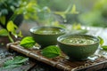 flavored green tea on wooden table with leaves over side, translucent water. Generative AI Royalty Free Stock Photo