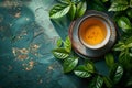 flavored green tea on wooden table with leaves over side, translucent water. Generative AI Royalty Free Stock Photo