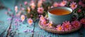 flavored green tea on wooden table with leaves over side, translucent water. Generative AI Royalty Free Stock Photo