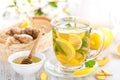 Flavored herbal tea with fresh lemon, ginger and mint leaves on white background Royalty Free Stock Photo