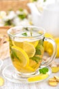 Flavored herbal tea with fresh lemon, ginger and mint leaves on white background Royalty Free Stock Photo